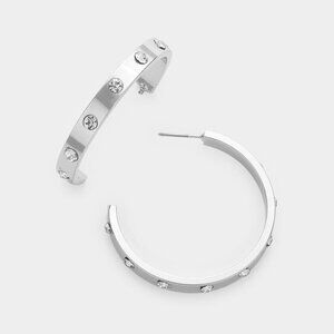NEW Silver Metal Love Embellished Hoop Earrings